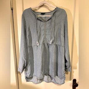 J. Jill Denim Chambray Peasant Tunic Womens Large Light Blue Tasseled Tencel Top